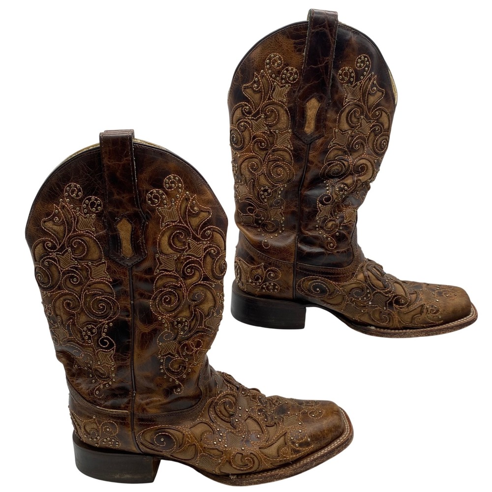 Corral Womens 10M Tan Inlay Embroidery and Studs Brown Square Toe Cowboy Boots